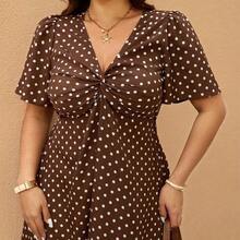 Nana's Women's Clothing Store Elaquor Vestido casual de vacaciones con estampado de lunares y nudo retorcido para tallas grandes - Multicolor - Ver 8