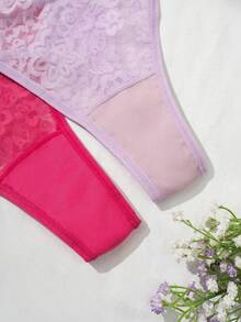 3pcs/Set Solid Color Sexy Lace Mesh Women's Panties, Hollow Low-Waist Design, Semi-Sheer Floral Thong Underwear Set - Multicolor - View 5