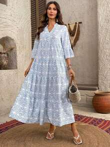 Faunlyn Vestido casual de mujer con estampado floral, cuello en V y mangas acampanadas para vacaciones - Multicolor - Ver 3