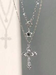 2 chiếc dây chuyền mặt dây chuyền hình thánh giá phong cách Gothic Retro Rock Star dành cho nữ - Bạc - Xem 5