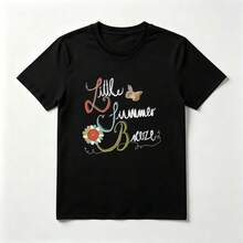Caligrafía Colorida Playera de Algodón Negro con Mariposas y Flores - Negro - Ver 1