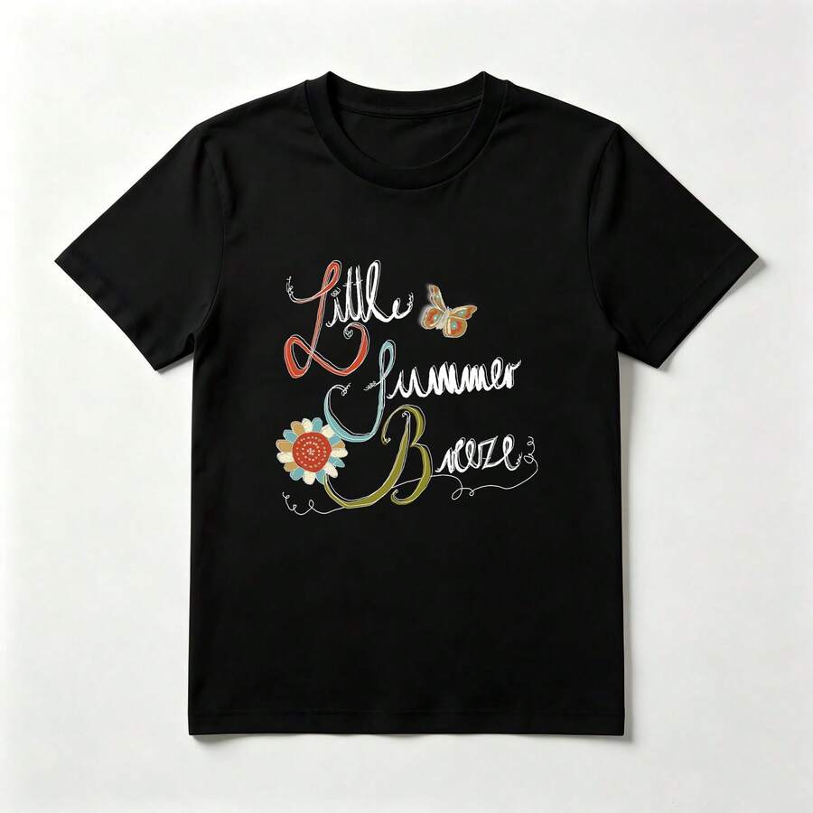 Caligrafía Colorida Playera de Algodón Negro con Mariposas y Flores - Negro - Ver 1