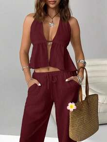 2 piezas Conjunto casual de vacaciones para mujer con top halter sin espalda y pantalones en color caqui tejido - Rojo violeta - Ver 3