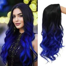Black Background, Navy Blue Gradient, Large Wavy Long Wig With Natural Black Hair Roots, Smooth Transition To Rich Navy Blue, Creating A Mysterious And Cool Style For Daily Leisure Outings, - View 4