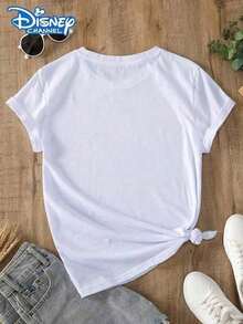 Lady's T-Shirt, Featuring Cartoon Group Portrait Of Classic Disney Characters Including Mickey Mouse, Minnie Mouse, Donald Duck, Daisy Duck, Goofy And Pluto, With Their Signatures. The Fabric Is Soft, Comfortable And Durable. This Is A Summer & Autumn Women's Round-Neck T-Shirt, Perfect For Theme Park Trips And Casual Daily Wear. - trắng - Xem 2
