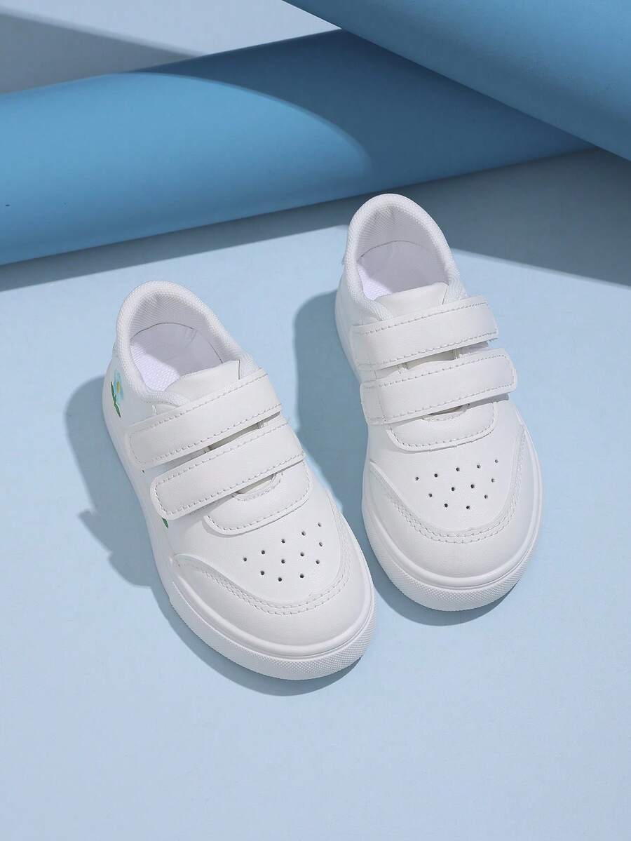 1 Pair Non-Slip Wear-Resistant Breathable Flat Magic Tape White Sneakers With Distinctive Logo, Suitable For Matching With Skirts - White - View 1