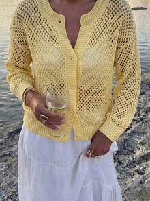 Vive para el verano Cárdigan de punto hueco amarillo, elegante y casual de manga larga para mujer, adecuado para la playa, vacaciones y uso diario - Amarillo - Ver 8