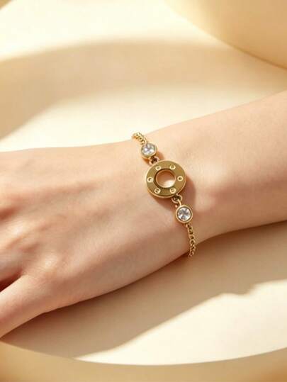 1 chiếc vòng tay hình móng ngựa đính kim cương tròn thép titan mạ vàng 18K, trang sức cá nhân hóa thời trang, vòng tay sang trọng chống phai màu
