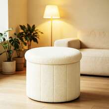 Plush Storage Ottoman Stool With Hidden Storage – Foldable Round Footstool Seat For Bedroom, Living Room & Entryway – Soft Teddy Fabric Storage Bench (2 Sizes) - White - View 12