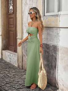 xheBrillora Vestido de moda con textura, plisado, de unicolor y con lazo en el cuello para mujerxhe - Verde - Ver 4