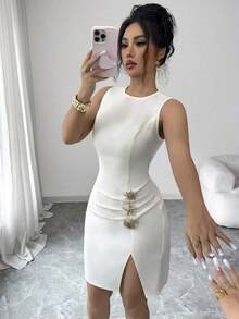Vestido mini elegante de mujer de unicolor con cuello redondo, plisado, bajo con abertura, botones de metal con forma de sol, estrella de mar y concha, sin mangas, para uso casual al aire libre, de vacaciones, adecuado para fiestas, citas, trabajo, negocios. Vestido sin mangas de unicolor para uso diario. Vestido plisado sin mangas con botones de metal para el verano, adecuado para todas las estaciones, temporada de graduación, regreso a clases, Día del Maestro. - Albaricoque - Ver 7