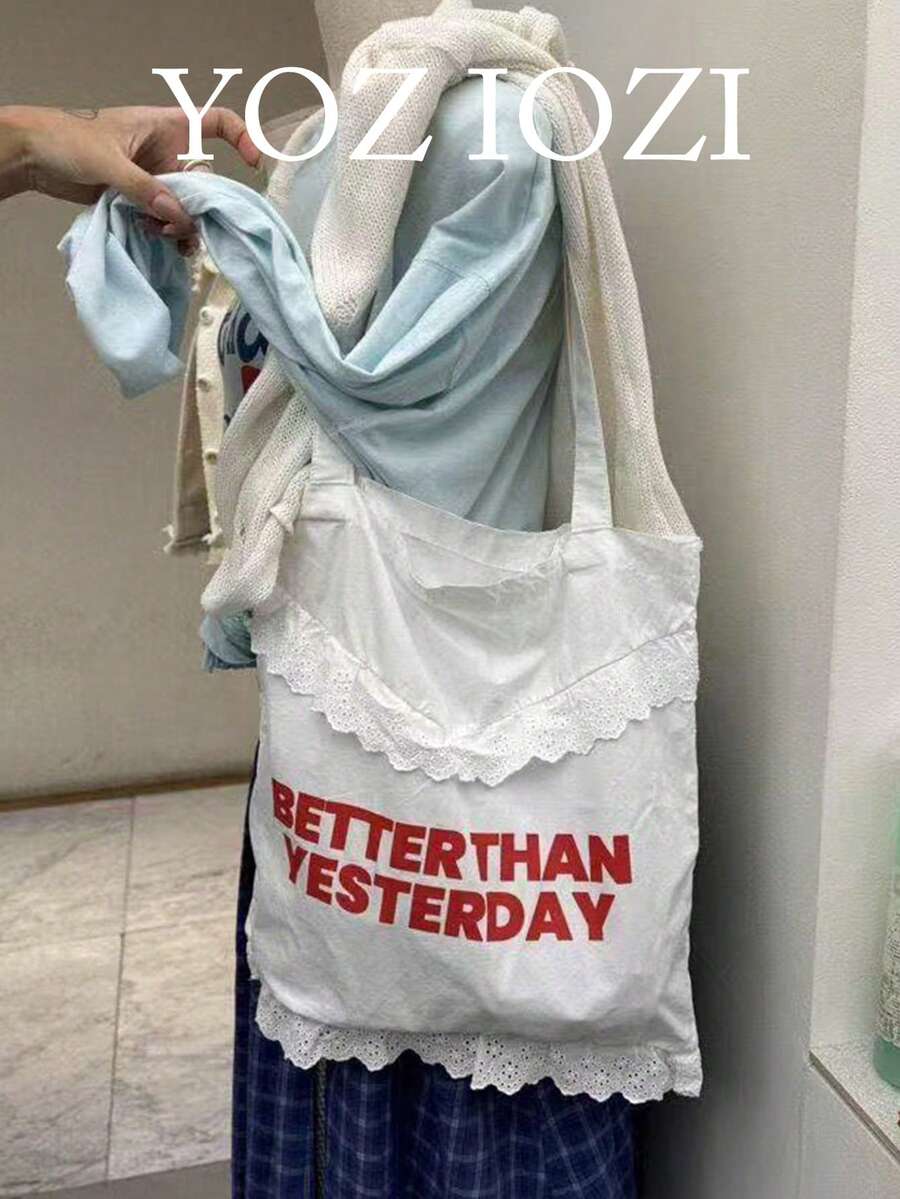 Bolso de lona de estilo retro con letras para ir y venir, compras diarias y al aire libre, de gran capacidad, adecuado para estudiantes universitarios, bolso de hombro de color contrastante, bolso versátil para uso en el campus - Blanco - Ver 1
