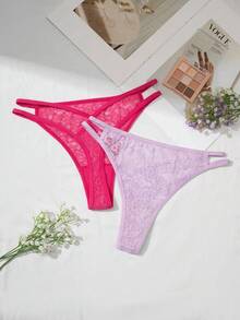 3pcs/Set Solid Color Sexy Lace Mesh Women's Panties, Hollow Low-Waist Design, Semi-Sheer Floral Thong Underwear Set - Multicolor - View 3