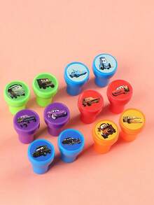 12pcs Disney Racing Stamp Set, Cartoon Racing Pattern Student Reward Toys, Washable Disney Racing Series 12 Types Automatic Stamps, Lightning Cartoon Stamp Set, Birthday Party Gift, Boys Classroom Reward - Car Pattern - View 7