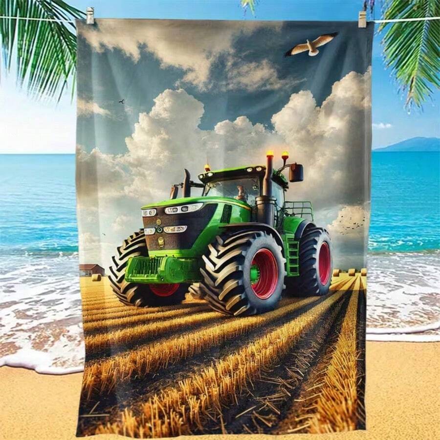 1pc Large Tractor Design Beach Towel, Suitable For Beach, Pool And Picnic - Featuring Vibrant Tractor Pattern Design, Soft Texture, Ideal Choice For Summer Pool Parties And Events - A - View 1