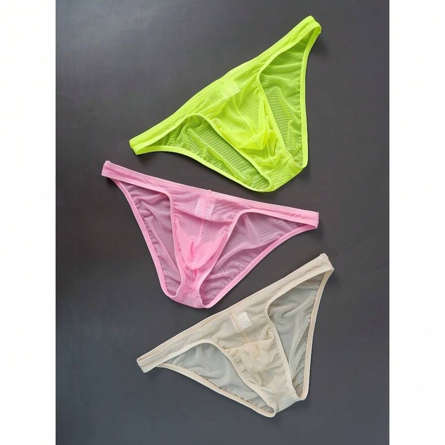 Local Delivery‌ Sheer Mesh Triangle UnderwearSet Of 3 Men'S Solid Color - Apricot + Green + Pink - View 1