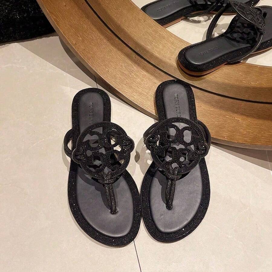 TB Leather Flip-Flops With Rhinestones For Women's Shoes. European And American Women's Slippers. - Black - View 1
