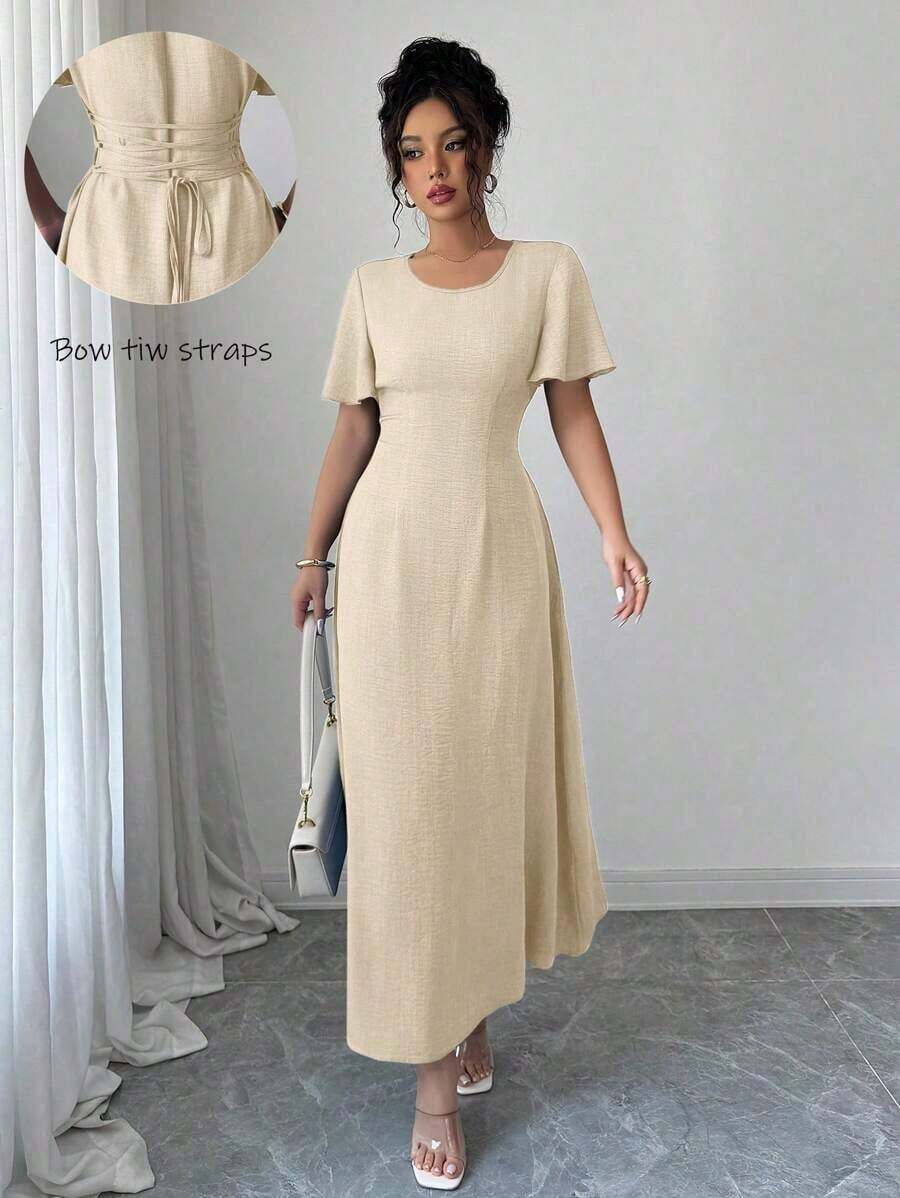 Vestido deslizante largo y elegante tipo A para mujer, para verano - Caqui - Ver 1
