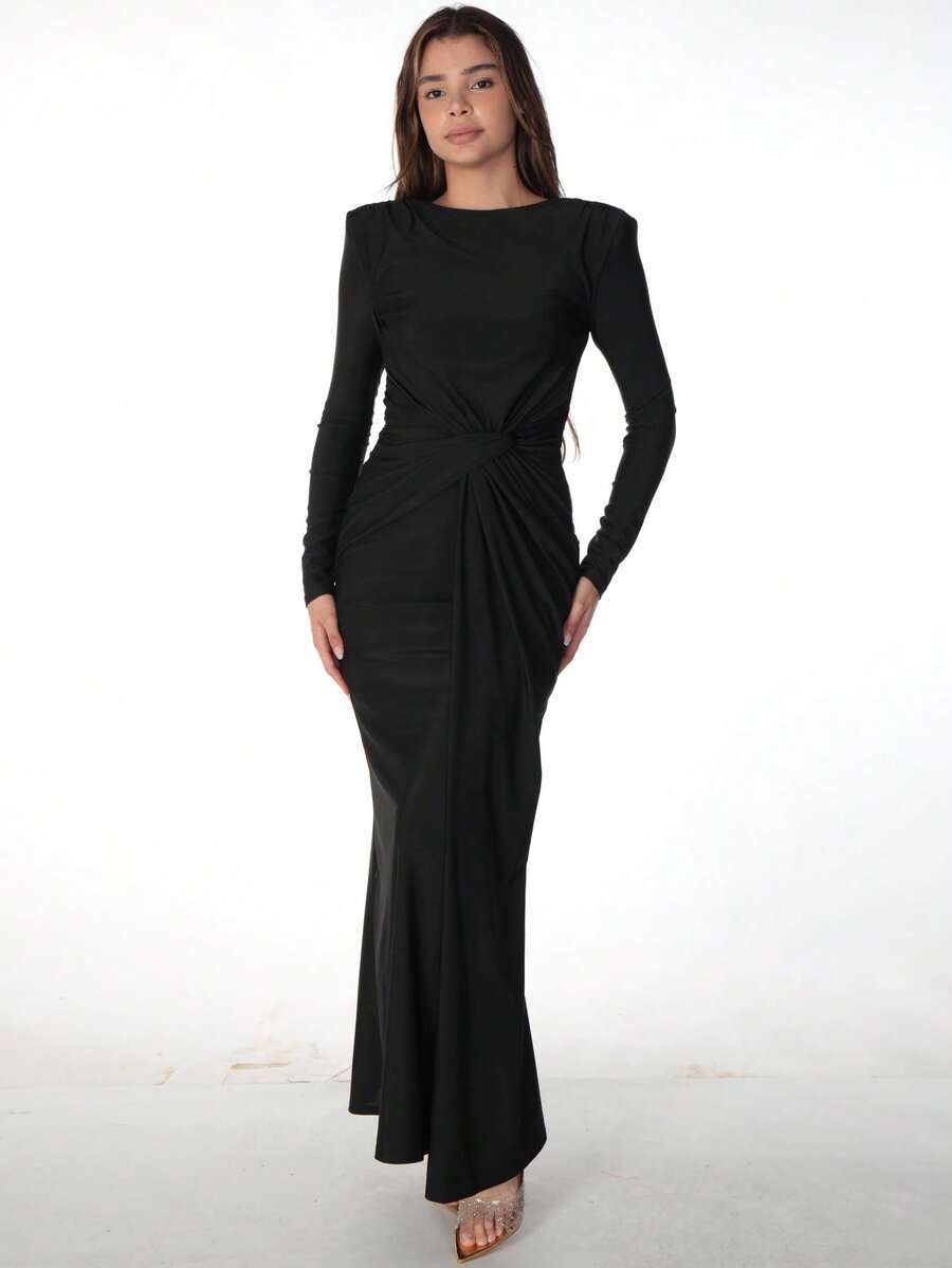 Vestido largo de manga larga plisado color rosa, elegante negro para otoño/invierno primavera - Negro - Ver 1