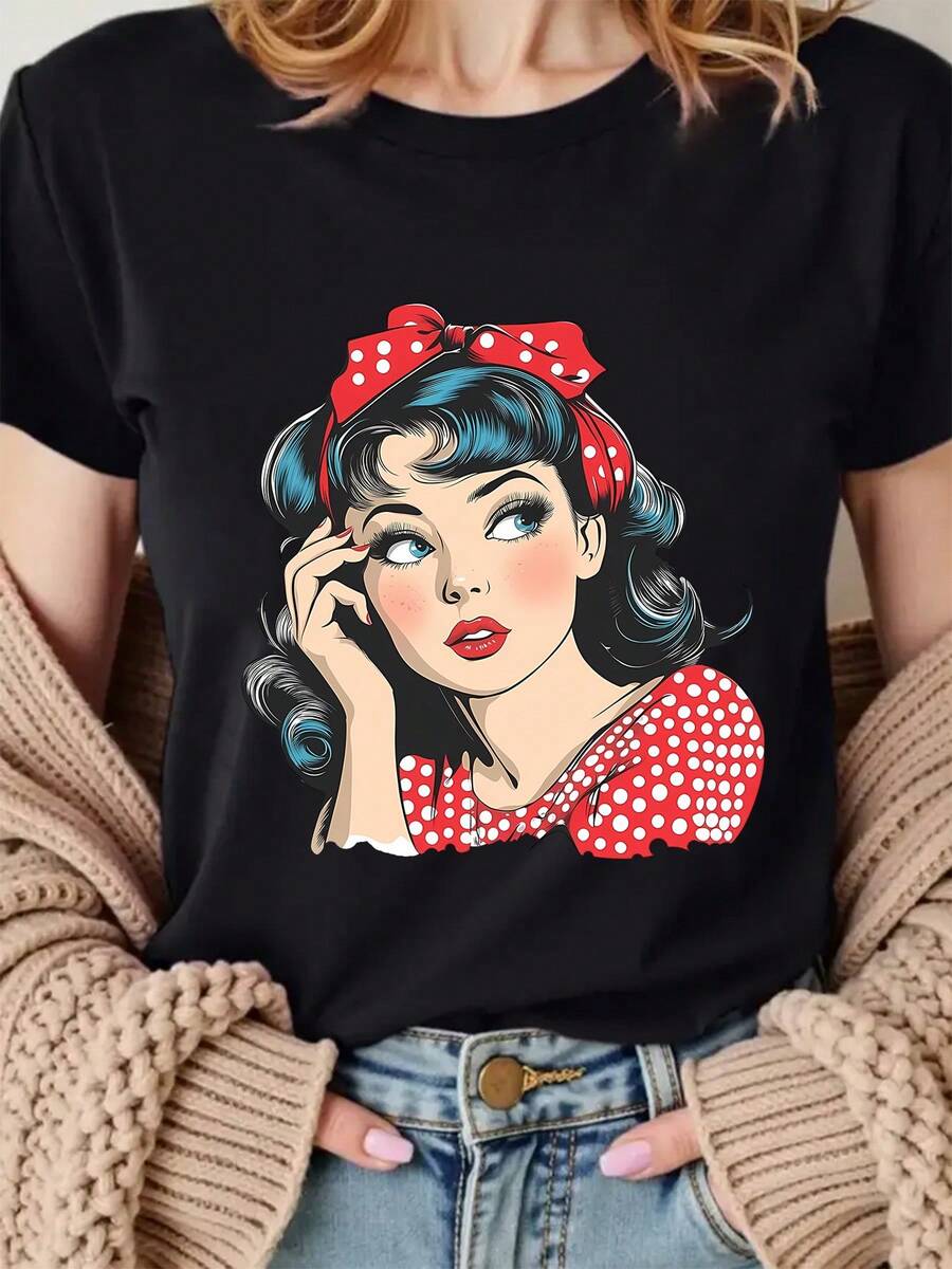 Camiseta de verano para mujer con estampado vintage de lunares y diseño de labios - Presenta un diseño de lunares rojos y blancos, suave y perfecta para outfits casuales de fiesta, esencial para el Día de San Valentín y eventos de cosplay - Top lavable a máquina, camisa elegante para mujer - Negro - Ver 1