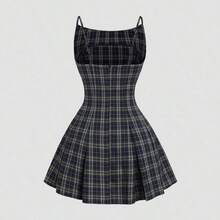 Elegante vestido mini ajustado sin mangas con estampado de cuadros - Azul - Ver 3