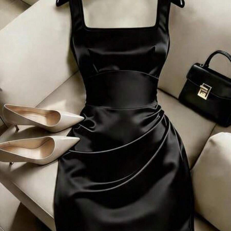 Nana's Women's Clothing Store  Vestido corto de verano para mujer, de cuello cuadrado, unicolor y cintura plisada - Negro01 - Ver 1