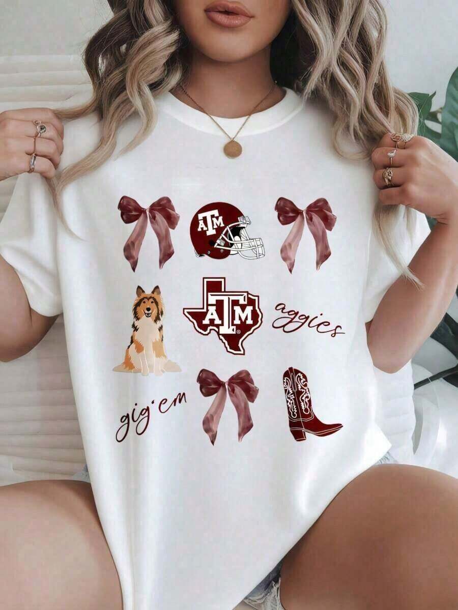 Texas A&M Aggies Football Dog Boots Bow Women's Fashionable Print Casual T-Shirt Suitable For All Seasons  
   -White - trắng - Xem 1