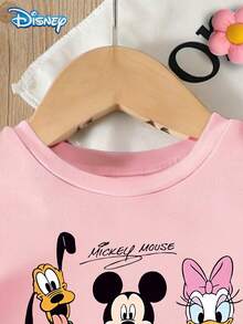 Disney 女婴迪士尼图案T恤套装，夏季迪士尼全明星角色印花粉色短袖T恤+短裤，日常、旅行、派对休闲装，适合3岁以下女童 - 粉色 - 查看 4