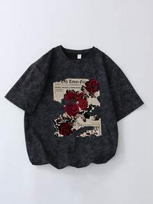 This Casual Set Includes A Black Snowflake Print Round Neck T-Shirt And Snowflake Print Shorts, Designed For Older Boys. It Features A Creative Comic Rose Flower Pattern And Letter Print, Making It Suitable For Older Children To Wear. - Black - View 7
