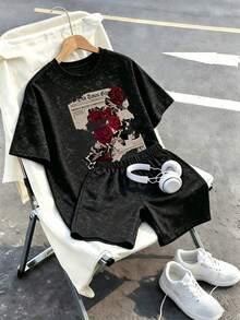 This Casual Set Includes A Black Snowflake Print Round Neck T-Shirt And Snowflake Print Shorts, Designed For Older Boys. It Features A Creative Comic Rose Flower Pattern And Letter Print, Making It Suitable For Older Children To Wear. - Black - View 1