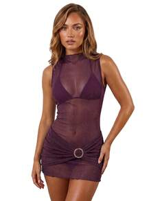Vestido de playa para mujer, de malla transparente brillante, corte ajustado, elegante, color liso, cuello redondo, minivestido sin mangas. - Morado - Ver 1
