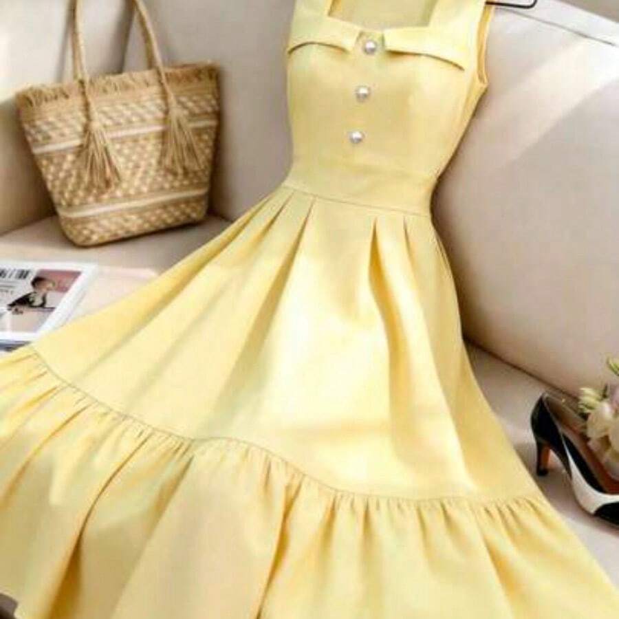 Nuevo vestido de mujer de largo medio, de cuello cuadrado, tejido de unicolor, con diseño de cintura recogida, elegante estilo de vacaciones, versátil para uso diario - Amarillo - Ver 1