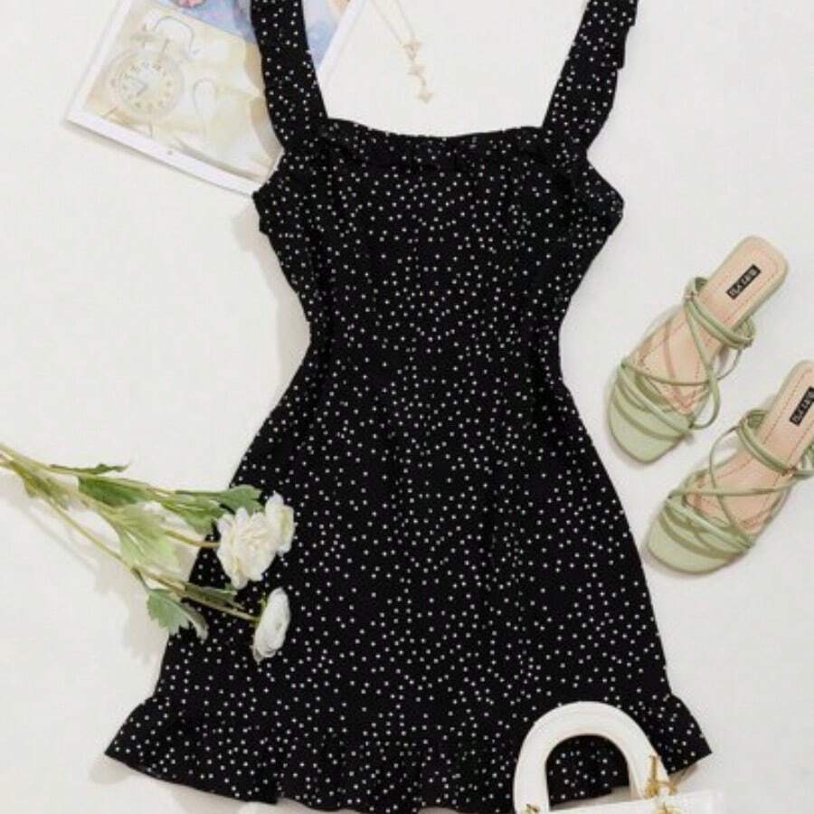 Vestido de lunares ribete con fruncido - Negro01 - Ver 1