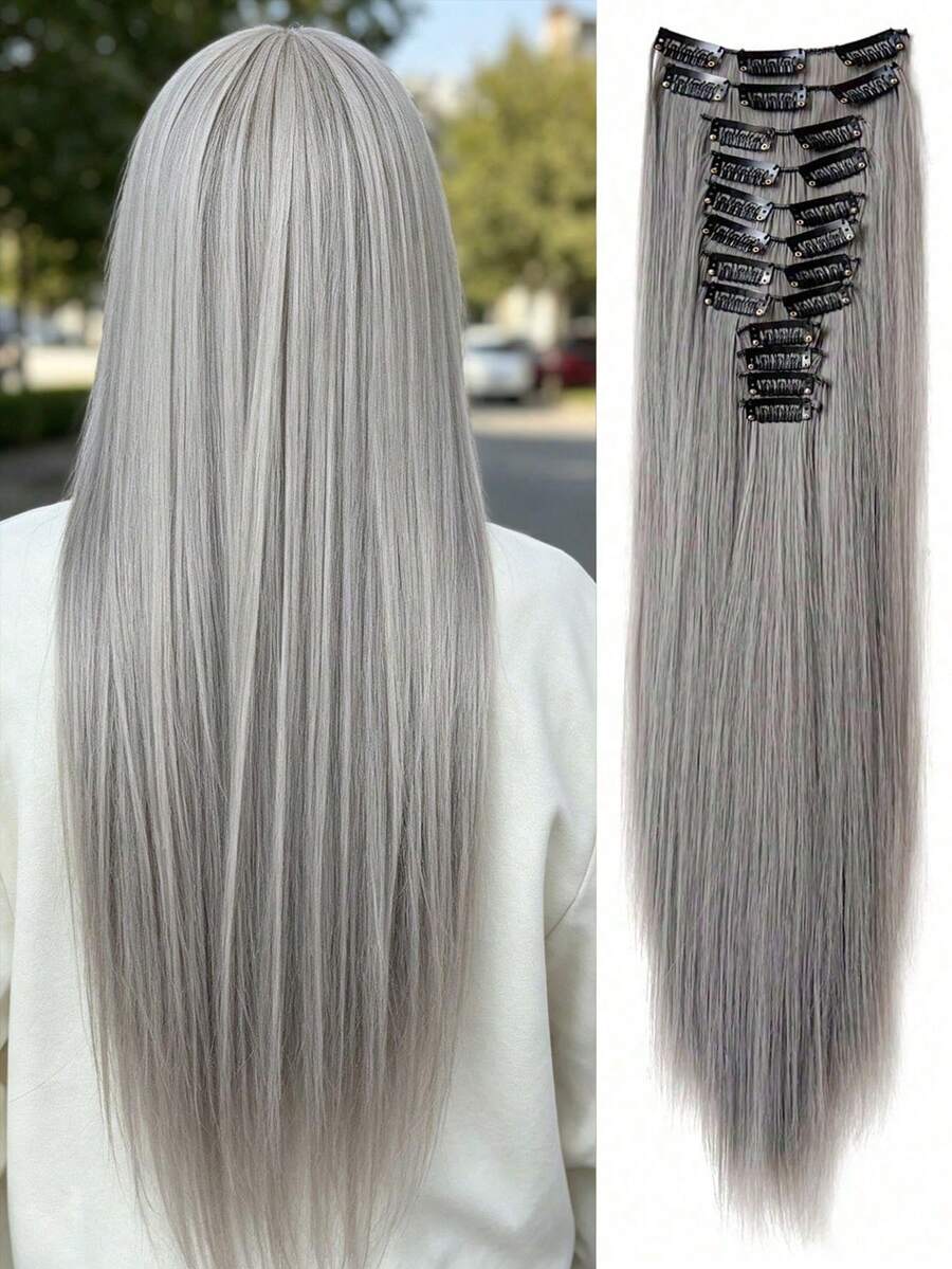 24-Inch 12pcs Grey Clip-In Hair Extensions, Straight Synthetic Hair Extensions, Suitable For Women And Girls Daily Use