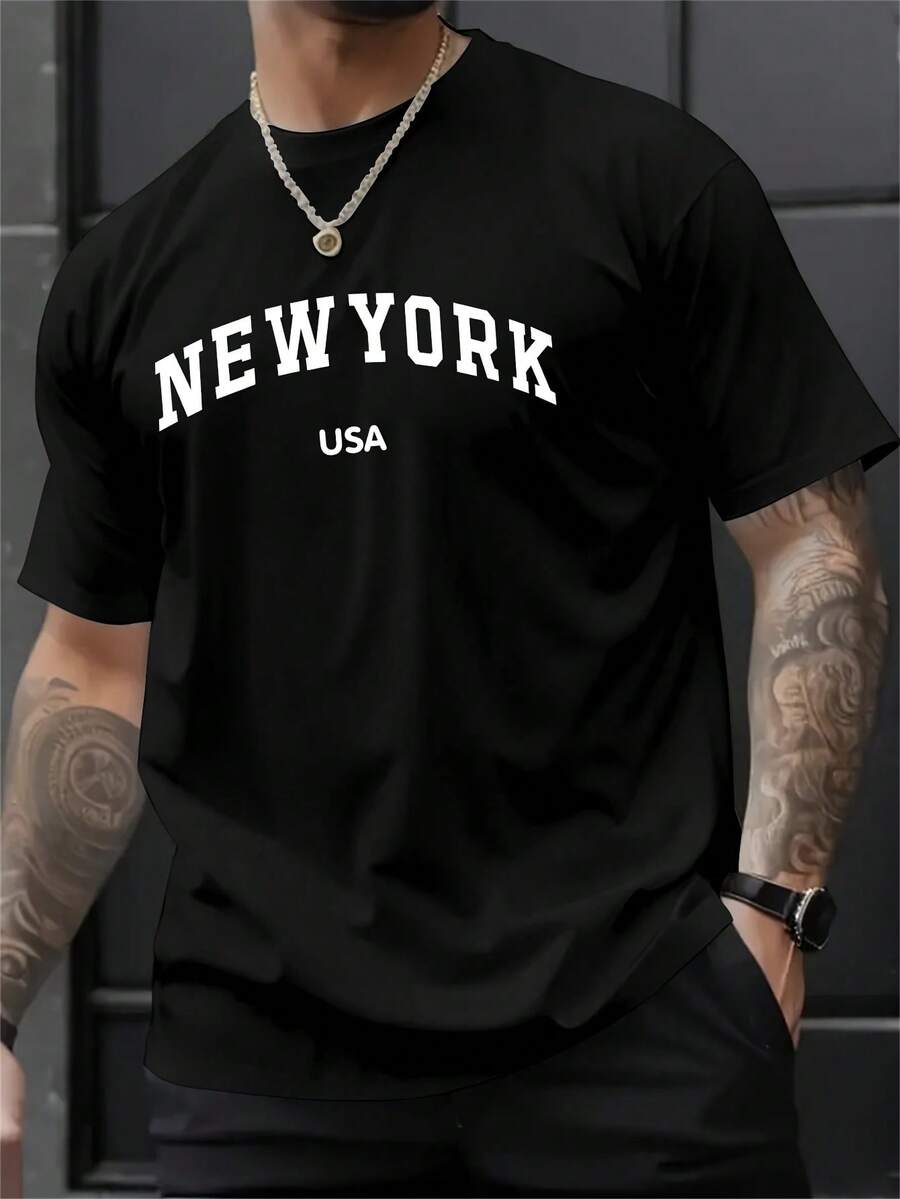 Men's Fashion New York Print Drop Shoulder Shirt - 黑色 - 查看 1