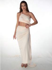 Women's Summer Solid Color Patchwork Backless Side Slit Ruched Long Dress, Fitted Sexy Elegant Party Gown - Apricot - View 3