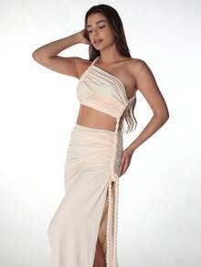 Women's Summer Solid Color Patchwork Backless Side Slit Ruched Long Dress, Fitted Sexy Elegant Party Gown - Apricot - View 5