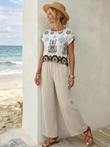 Conjunto de 2 piezas de top y pantalones con estampado vintage casual para vacaciones de mujer, conjunto de atuendo de vacaciones, conjunto de atuendos casuales de mujer, conjunto de atuendos de verano de mujer, conjunto bohemio para mujer, coords para mujer, pantalones y top, atuendo casual de playa para mujer, top conservador - Multicolor 7 - Ver 8