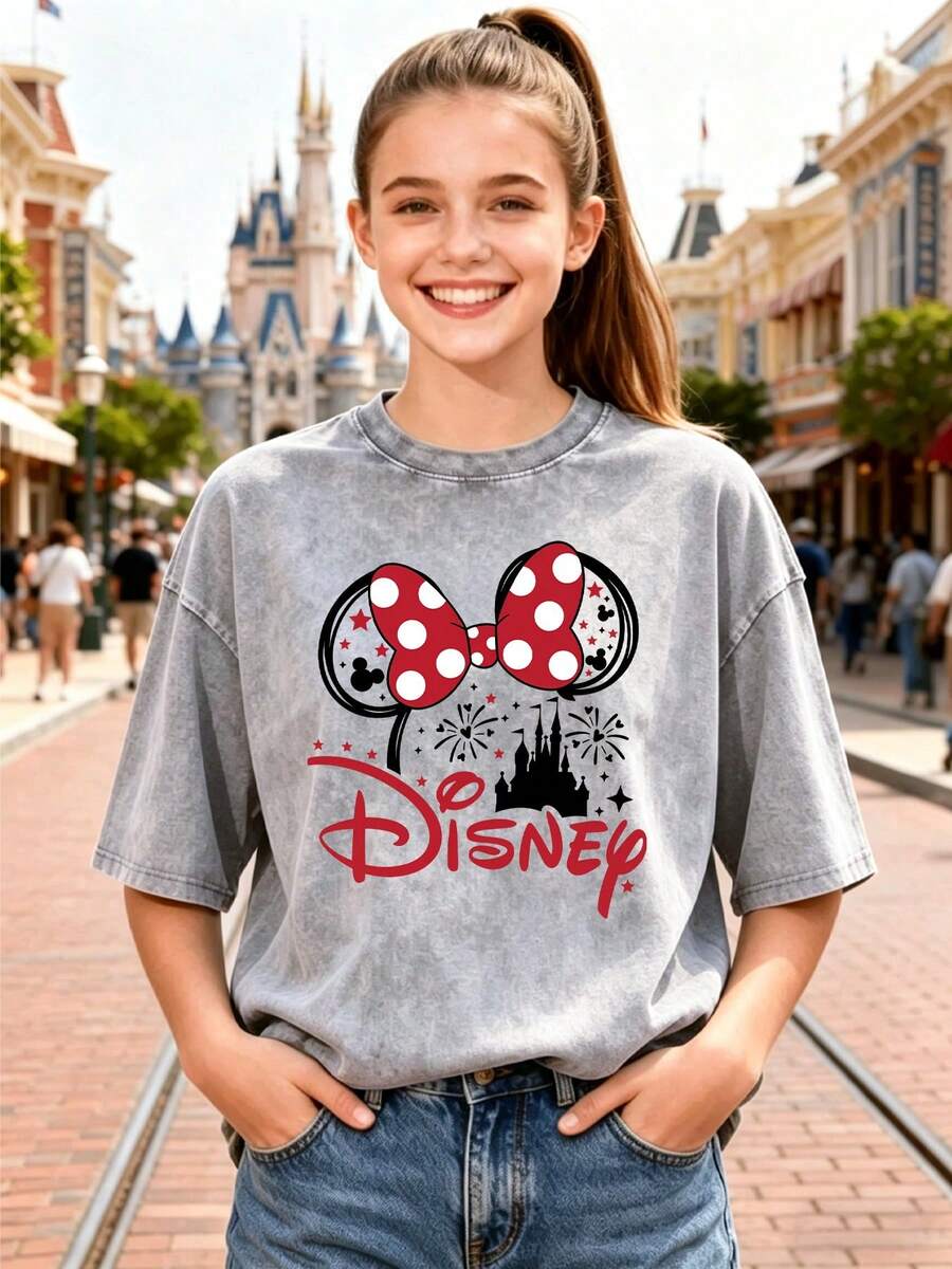 [Disney Official Authorization] Disney Authentic, Licensed, New Women's Casual Ribbed Crew Neck Short-Sleeved T-Shirt With Minnie Mouse Ears Print. Versatile And Retro Style, Suitable For Spring, Summer, And Autumn. Available In Sizes XS-XXL.Made From Soft, Comfortable, And Durable Pure Cotton, This Is An Ideal Choice For Spring And Summer. This Crew Neck T-Shirt Is Suitable For Various Occasions, Including Everyday Wear, Shopping, Parties, Travel, And Gatherings, And Also Makes A Thoughtful Gift.This Item Features A Loose Fit; If You Prefer A Slim Fit, We Recommend Ordering One Size Down. - Grey - View 1
