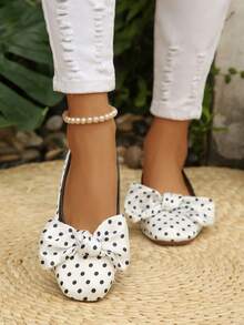 1 Pair Women's Summer Lightweight Mary Jane Shoes, White Fashion Polka Dot Bow Round Toe Slip-On Design - White - View 2