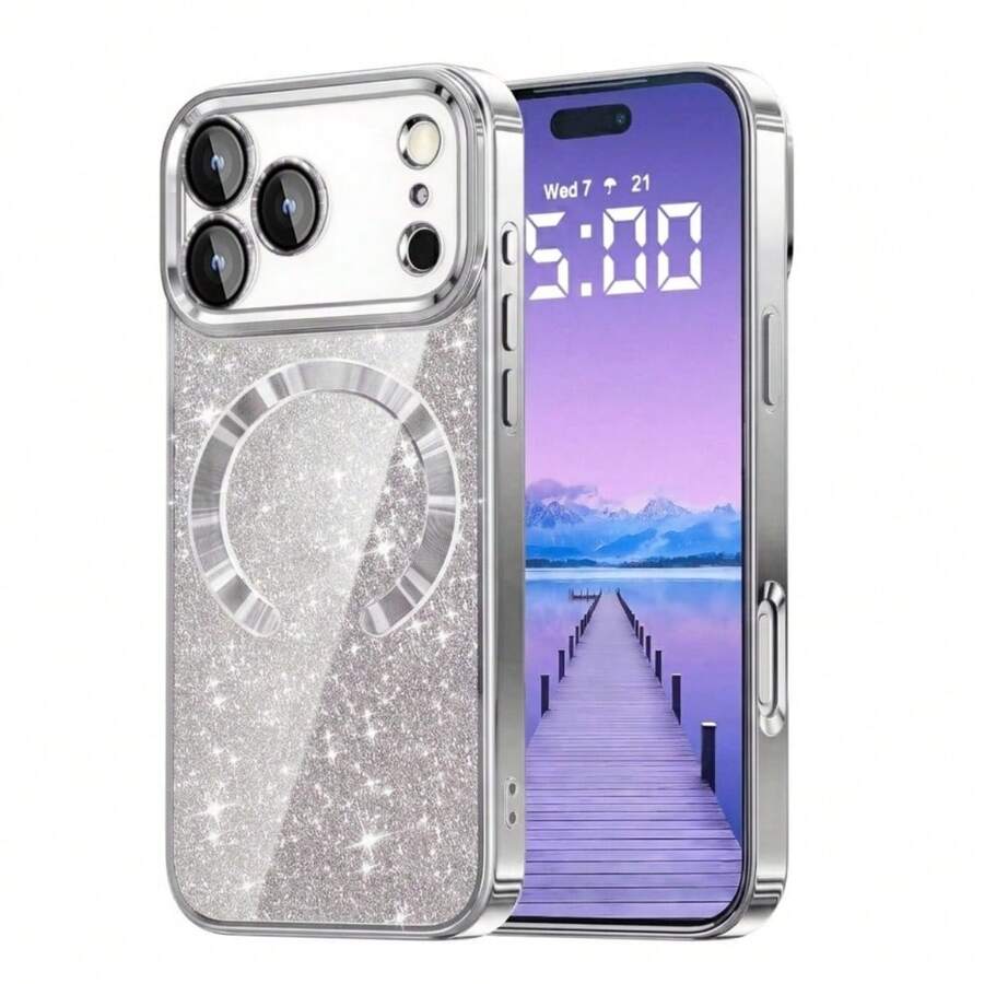 1pc Hadaasi Silver Color Phone Case Compatible With Apple 17 Pro Max 17e, Glitter Transparent Magnetic Phone Case With Camera Lens Protector [Compatible With MagSafe], Shiny Electroplated Soft TPU Ultra-Thin Shock-Proof Protective Cover, Women Version - Purple