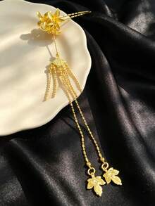 1件女款奢華金色花卉流蘇髮簪，復古優雅搖曳流蘇盤髮髮夾，新娘伴娘與晚宴派對髮飾 - 金色 - 查看 7