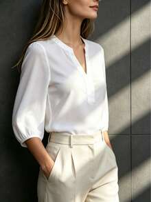 Women's Elegant V-Neck 3/4 Lantern Sleeve Blouse, Solid Color Four-Way Stretch Non-Sheer Business Commute Shirt, Versatile For Various Occasions In Summer White - White - View 2