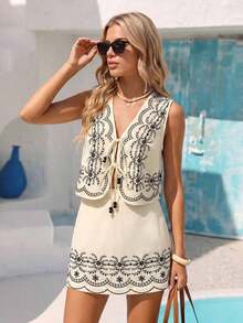 Conjunto de 2 piezas de top con amarre delantero y minifalda con estampado de limón y fresa para vacaciones - Albaricoque - Ver 7
