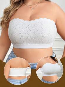 Plus Size Women's Lace Patchwork Side Button Camisole Bra, Wireless Comfortable Sports Bra With Breathable Back Design - White - View 6