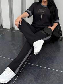 Spring Summer Autumn Plus Size Women's New Round Neck Short Sleeve T-Shirt & Casual Elastic Waist Loose Long Pants 2 Pieces Set. Elegant - Black+Gray - View 8