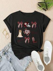 Texas A&M Aggies Football Dog Boots Bow Women's Fashionable Print Casual T-Shirt Suitable For All Seasons  
   -White - màu đen - Xem 2
