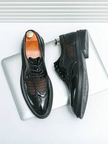 Sapatos sociais masculinos de malha vazada e respirável, estilo retrô casual, bico fino, em Revestido preto, ideais para casamentos e para o trabalho. Perfeitos para o verão. - Preto - Ver 8