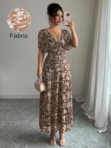 xheElenzga Vestido maxi elegante de estilo francés con cuello en V, hombros caídos, fruncido y línea A, adecuado para la playa, el té de la tarde y fiestasxhe - Marrón Chocolate - Ver 1