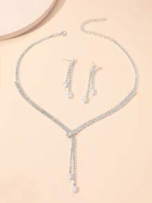 3pcs/Set Collier & Boucles d'oreilles à Nœud en Strass de Luxe à la mode pour Femmes, Convient pour Mariée, Mariage, Vacances, Vacances, Trajet Quotidien, Fête, Cadeau, Bijoux Premium Élégants et Décontractés - Argent - Voir 4